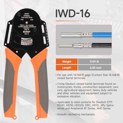 iCrimp Deutsch Crimp Tool Kit, Closed Barrel Crimper 4 Way Indent, 8 Impression Deutsch Crimper for Solid Contacts Gage 14,16&18 with 105PCS DT Connector Kit for Automotive Electrical