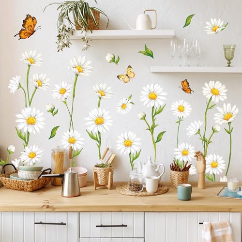 Spring Daisy Flower Wall Decal Spring White Daisy Flower Butterfly Wall Stickers Peel and Stick Room Mural Decals for Summer Party Home Nursery Bedroom Living Room Classroom Decor