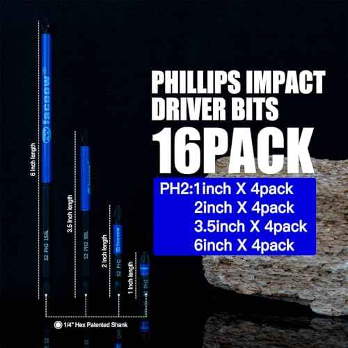 16 Pack Phillips Impact Driver Bits, #2 Phillips Head Magnetic Screwdriver Bits Set, 1" - 6" S2 Alloy Steel Impact Bits, 1/4" Hex Shank Screwdriver Drill Bit, CNC Machined ph2 Impact Drill Bits