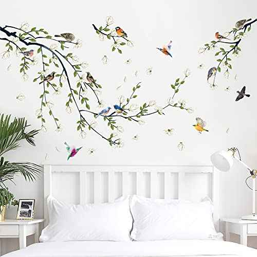 Green Vine Wall Decal White Flowers and Birds on Branch Natural View Wall Sticker DIY Detachable Peel and Stick Wall Art Mural for Living Room Bedroom offcie Home Decor