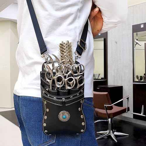 , crossbody and waist dual purpose Scissor Holder Hairdressing Tools Storage Holster Shear PU Leather Pouch with Removable for Hairstylists Groomer Makeup Artists Comb