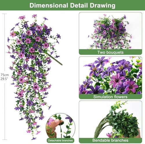 INQCMY Artificial Fake Hanging Flowers Plants for Outdoor Summer Decoration,2 PCS Faux Silk Daisy with Eucalyptus Leaves,UV Resistant Look Real for Outside Home Planter Porch Patio Balcony Yard Decor