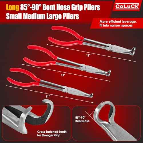 4Pcs 11" Hose Gripper Plier Hose Remover Set,5/16-Inch, 1/2-Inch, 3/4-Inch Dia, Offset Spark Plug Boot Removal Pliers Serrated Jaws for Cannon Plug Removal Tool Hard to Reach Narrow Spaces