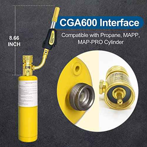 Turbo Torch Tips with Gas Self-Igniter Adjustable Flame Knob Brass Tip 360¡Æ Swivel Tips CGA600 Interface Compatible with Propane MAP MAP Gas for Soldering Brazing Plumbing Welding.