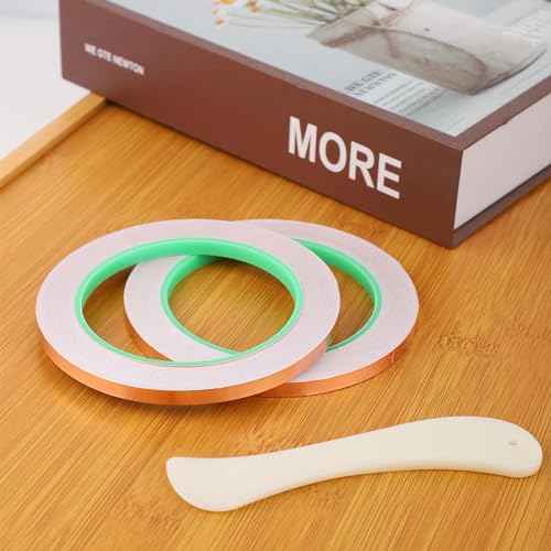 2 Rolls Copper Foil Tape, 1/4 Inch Wide Adhesive Copper Foil Tape for Stained Glass Double-Sided Conductive Tape with Plastic Scraper for Electrical Repair Paper Circuits Handicrafts