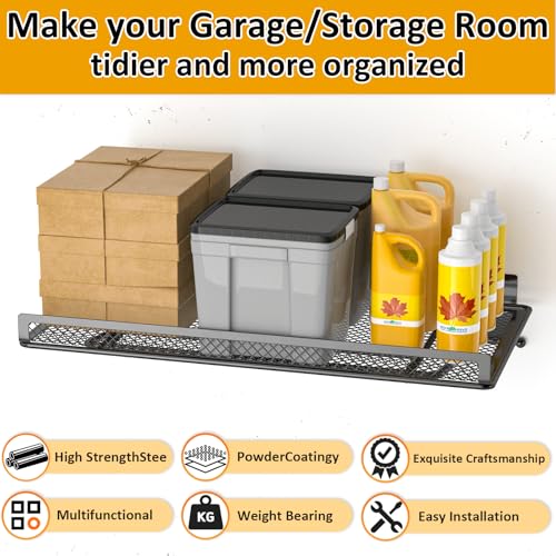 BABKAS 2 Pack Garage Wall Shelving, Metal Garage Wall Shelf with 4 Hooks, Heavy Duty Wall Shelves Mounted for Garage Storage, Laundry Room, Closet and Kitchen | Holds Up to 80 Lbs | 16.5" x 12.2"