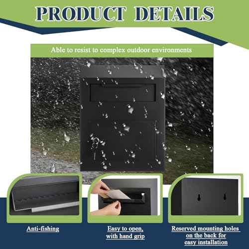 Key Lock Mailboxes for Outside Locking Wall Mount Mailbox Security Key Drop Collection Boxes for Home Business Rent Payments, Mail, Keys, Cash, Checks 15 x 12 x 4 Inches(Black)