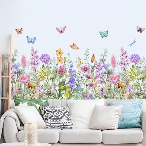 Floral Plants Grass Wall Stickers Colorful Butterfly Flower Wall Decals Wildflower Garden Wall Murals Peel and Stick Girls Bedroom Classroom Vinyl Wall Decals MS3167