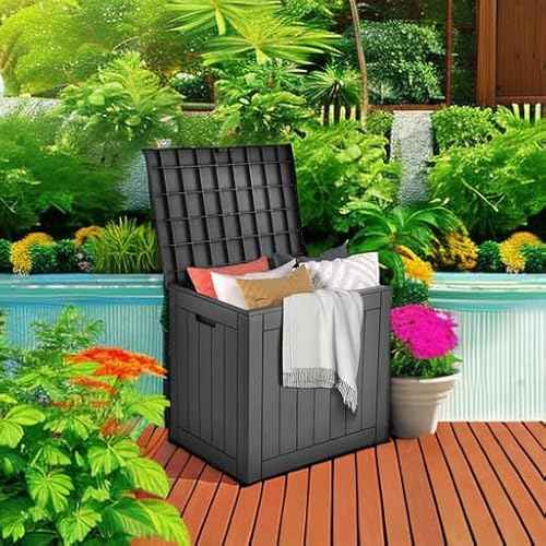 DWVO 30 Gallon Outdoor Storage Box with Side Handles and Lockable Lid, Weatherproof Resin Deck Box for Patio, Cushions, Garden Tools, and Supplies - Black