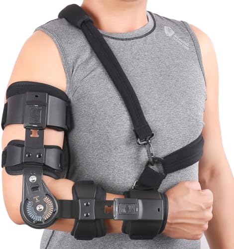 GHORTHOUD Hinged ROM Elbow Brace - Adjustable Post Op Elbow Brace Stabilizer Splint with Strap Sling Arm Injury Recovery Support After Surgery for Men Women (Right, Black)