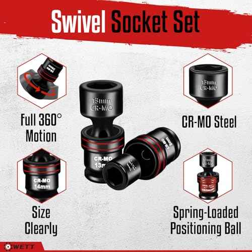 WETT 15-Piece 3/8" Drive Shallow Impact Universal Joint Socket Set, Metric Swivel Socket Set (8-22mm), Flexible Wobble Sockets, 6 Point, CR-MO Steel