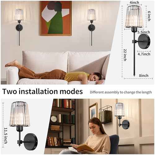 Battery Operated Crystal Wall Sconces Set of Two, Black Wireless Wall Lamp with Crystal Shades, Rechargeable LED Bulbs, 12-Colors Dimmable, Remote for Bedroom, Living Room, Bulbs Included