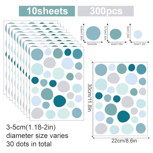 300 Pcs Self-Adhesive Irregular Dot Wall Stickers - 10 Sheets Removable Waterproof Vinyl Wall Decals for Nursery, Kids Room, Living Room, Playroom, Classroom, Home Decor (Gradient Blue)