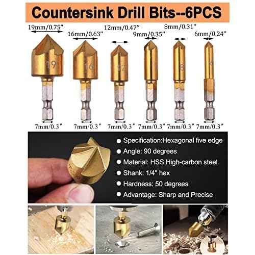 34 Pack Wood Working Chamfer Drilling Tools, 6 Countersink Drill Bit Set, 7 Counter Sinker Drill Bit Set, 8 Plug Cutters for Wood, 8 Drill Stop Bit Collar Set and 3 Step Drill Bits.
