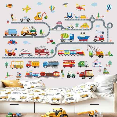 wondever Car Road Wall Stickers Transports Vehicles Truck Construction Peel and Stick Wall Art Decals for Boys Room Kids Bedroom Playroom