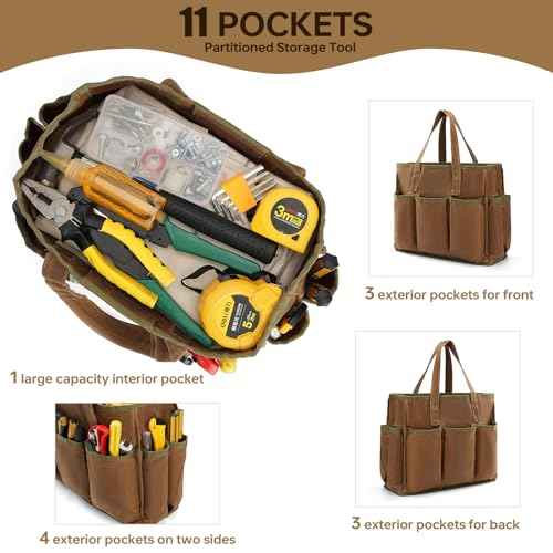 13in Tool Bag, Heavy Duty 19oz Waxed Canvas Bag 11-Pocket Portable Tool Bag Organizer Storage Toolbox for Gardener Welders Electrician Working Mechanic tool bags for men