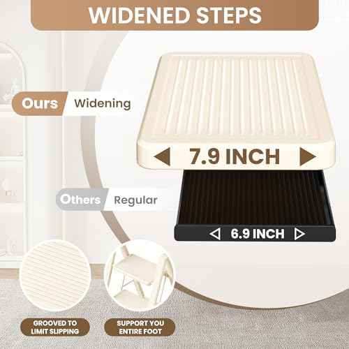 GameGem 3 Step Ladder Folding Step Stool with Wide Anti-Slip Pedal, 330LBS Capacity, Lightweight Portable Stepladder for Home and Kitchen Use, Cream White