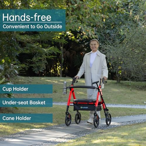ELENKER Heavy Duty Rollator Walker with Extra Wide Padded Seat and Backrest, Aluminum Bariatric Rolling Walker, 10” Wheels, Support up to 500lbs for Seniors, Red
