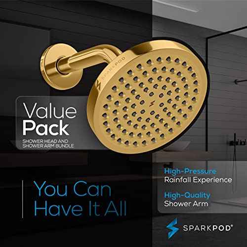 SparkPod 6" Rain Shower Head with 6" Shower Arm - High Pressure Rain - Luxury Modern Look - No Hassle Tool-less 1-Min Installation - Water Saving Shower Head - Luxury Spa Experience (Egyptian Gold)