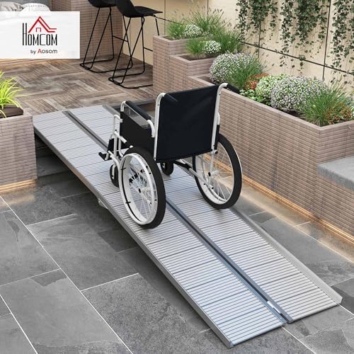 HOMCOM Wheelchair Ramp 10FT, Foldable Aluminum Threshold Ramp with Non-Slip Surface and Handle, 600lbs Weight Capacity, Suitcase Handicap Ramp for Home, Doorways, Curbs, Steps