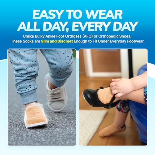 BraceAbility Toe Walking Socks (Pair) - Pediatric Kids Foot Brace for Comfortable Tip Toe Walking Prevention and Correction for Children and Toddlers, Cerebral Palsy Equipment, ADHD Support (S - Beige)