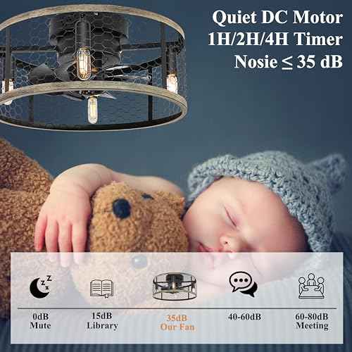 Ohniyou Caged Ceiling Fan with Light - 18'' Small Farmhouse Cage Ceiling Fan Remote Control, Flush Mount Rustic Ceiling Fan for Kitchen Bedroom