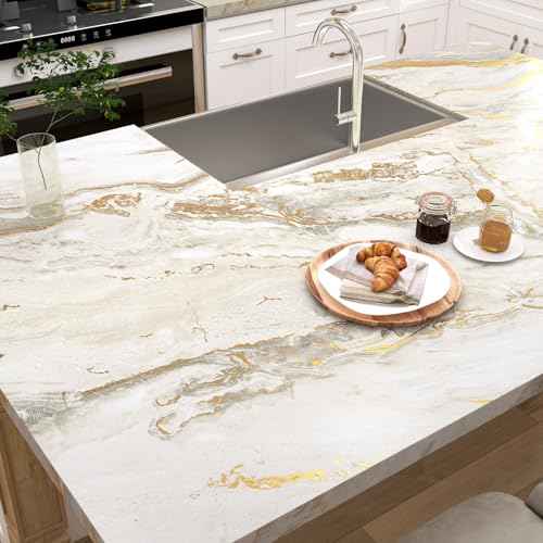 Livelynine Off White Marble Contact Paper for Countertops Desk Waterproof Gold Marble Wallpaper Peel and Stick Countertop Kitchen Vinyl Wrap Marble Counter Top Covers Bathroom Bedroom Walls 15.8x78.8