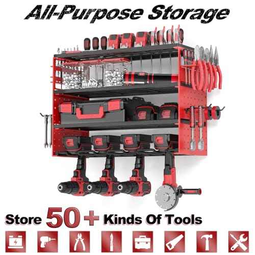 Power Tool Organizer Wall Mount, 4 Layers Tool Storage Rack with 2 Side Red Pegboards, 4 Drill Bit Rack,Heavy Duty Metal Garage Tool Shelf Organize for Workshop Garage Tool Room