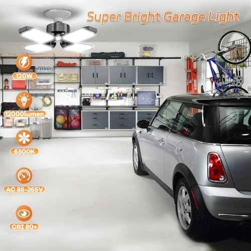 LED Garage Lights 6 Pack - 120W Garage Lights Ceiling LED 12000LM with 4+1 Adjustable Panels, Shop Lighting 6500K Screw in E26 E27 Socket, for Workshop Shop Barn Basement Bay
