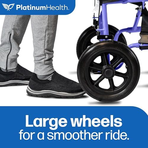 Platinum Health Hummingbird™ Ultra-Lightweight Foldable Transport Wheelchair, Handbrakes,12-Inch Rear Wheels, Extra-Wide Seat. Convenient Table-Length Padded Armrests. (Dusk Purple)