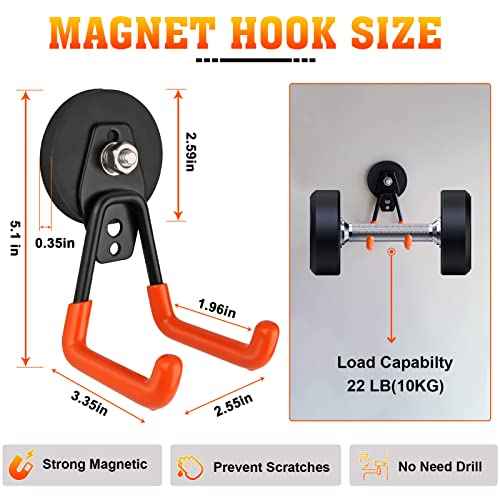 Large Magnetic Hooks Heavy Duty Magnetic Garage Hook,4 Pack Magnet Hooks with Anti-Slip Coating, Strong Storage Utility Magnetic Hook fo Metal Cabinet,Pegboard,Garage Shelve,Garden Tools(Orange,M)
