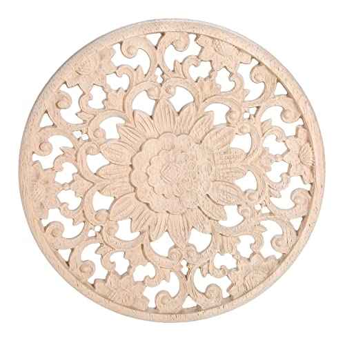 MUXSAM Round Wood Carved Onlays Appliques, Unpainted Clear Carved Wooden Carvings Center Decals for Closet Door Cabinet Drawer Wall Ceilling Dresser Wardrobe Furniture DIY Decor(2-Pack, 10cm/3.9")