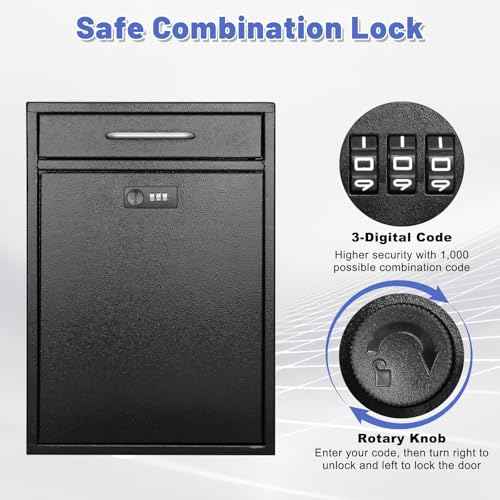 KYODOLED Steel Combination Lock Mail Boxes Outdoor, Locking Wall Mount Mailbox, Security Lock Drop Box, Collection Boxes, 16.2H x 11.2L x 4.6W Inches, Black X Large