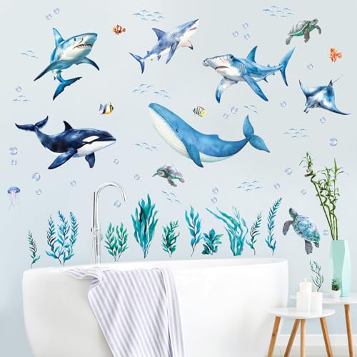 SHUCHING Removable Shark Wall Decals Peel and Stick, Vinyl Ocean Wall Sticker, Under The Sea Wall Decor Art for Nursery Playroom