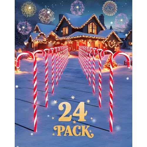 COOLWUFAN 24 Pack Christmas Candy Cane Pathway Lights, 22'' Outdoor Christmas Decorations Path Lights, Waterproof Candy Cane Yard Markers for Walkway, Lawn, Patio, Holiday Landscape Path D?cor