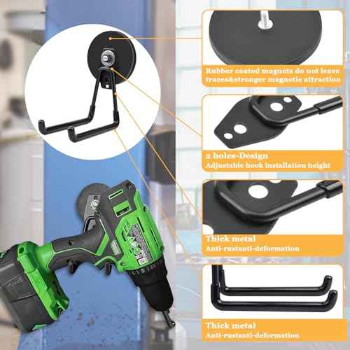 MIN CI 2 Pack Magnetic Hooks, 3.46" (88 mm) Large Magnetic Hooks Heavy Duty, Garage Manget with Hooks for Cordless Drills Hanging, Metal Cabinets, Tool Hooks for Hammer Drill,Garden Tool, Black