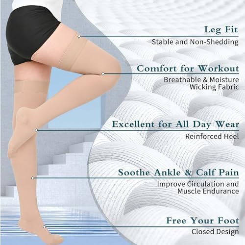 GODORIO 2Pairs 20-30mmHg Thigh High Compression Stockings, Thigh High Compression Socks for Women, Medical Compression Stockings for Varicose Veins, Swelling, Pregnant, Teacher, Doctor