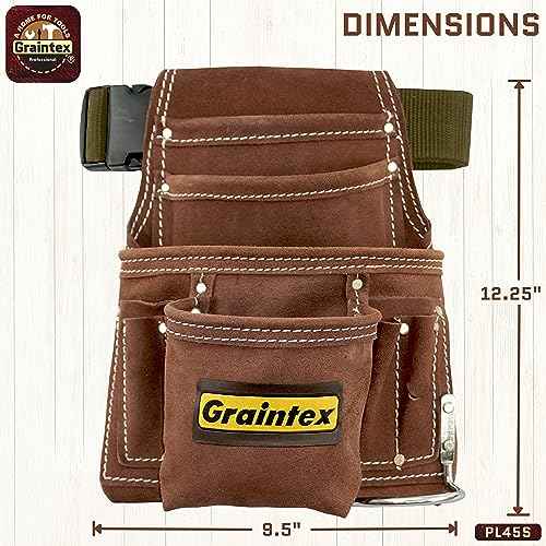 Graintex PL45S 10 Pocket Nail and Tool Pouch Suede Leather with 2" Webbing Belt