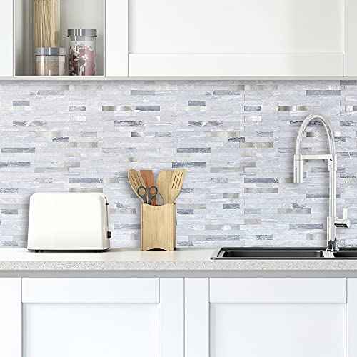 DICOFUN Peel and Stick Backsplash Tile, PVC Mixed Metal Stick on Backsplash Tiles for Kitchen and Bathroom (1, Light Grey & Metal Silver)