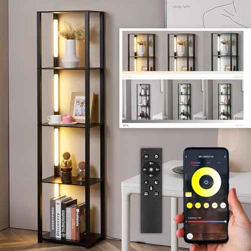 LED Floor Lamp with Shelves, Shelf Lamp with Remote for Bedroom and Living Room, Corner Display Floor Lamps with Storage, Modern Dimmable Floor Lamp with 5-Tier Open Shelve (Black)