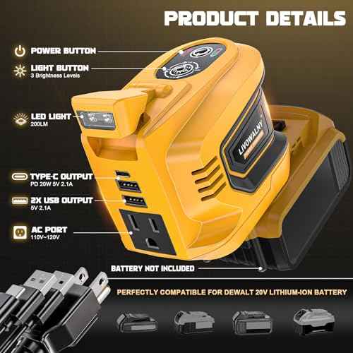 2 Packs Power Inverter Compatible With Dewalt 20V, LIVOWALNY Real 200W Battery Inverter 20V to 110V Power Adapter Charger Adapter Power Station Power Supply 2 USB & 1 Type-C & 1 AC Outlet (No Battery)