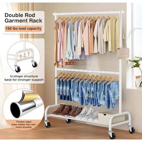 MISSLO Heavy Duty Clothing Racks for Hanging Clothes Rack Double Rod Garment Rack Rolling Closet Wardrobe on Wheels, Metal, Adjustable (White)