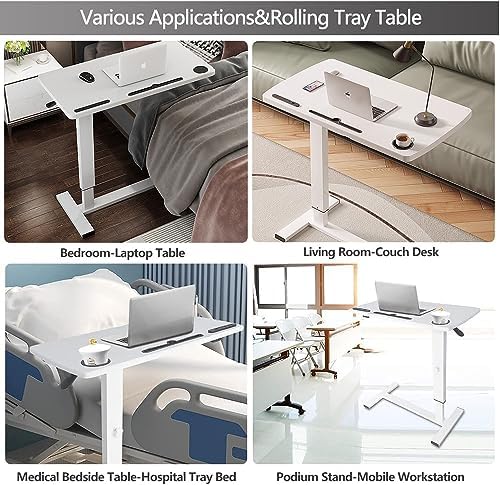 Overbed Table,Hospital Bed Table,Pneumatic Bed Tables Adjustable Over The Bed with Hidden Wheels&USB Port,Mobile Laptop Table Cart and Rolling Bedside Table with Tray Hospital Home Use-White1