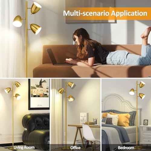 Tree Floor Lamp with 3 Light Bulbs Standing Tall Pole Lamps with Adjustable Metal Heads 65"Reading Stand up Lamps with E26 Base Modern Floor Lamps for Living Rooms, Bedrooms, Home, Office(Gold)