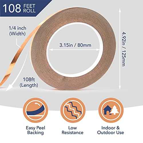 Kraftex Copper Tape [1/4" x108ft, 2PK] ? Copper Foil Tape for Stained Glass, DIY Crafts, Guitar Shielding, Slug Control & Faraday Projects