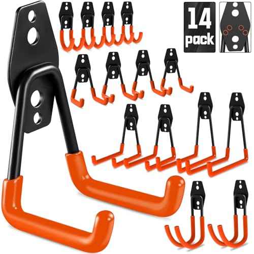 UCINNOVATE Garage Hooks Heavy Duty, 14 Pack Wall Mount Storage Hangers with Extra Welding Spots, Garage Organizer for Power Tool, Garden Tool, Utility, Ladder, Hose,WeedEater,Shovel,Blower(Orange)