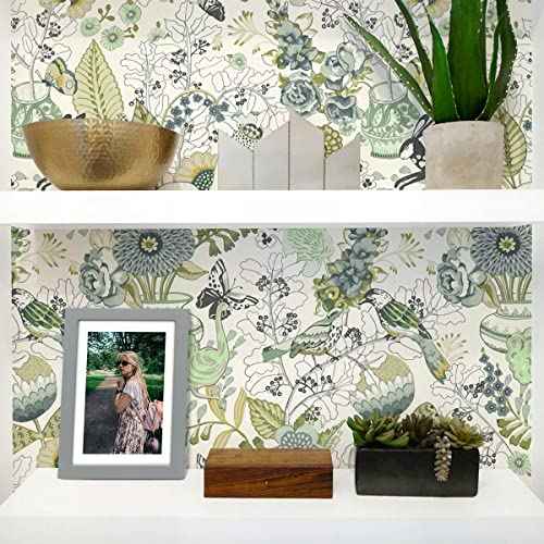 Wudnaye Floral Wallpaper Green Peel and Stick Wallpaper 17.7inch ¡¿ 118.1inch Green Contact Paper Stick and Peel Wallpapers Plants Flower Decorative Contact Paper for Shelves