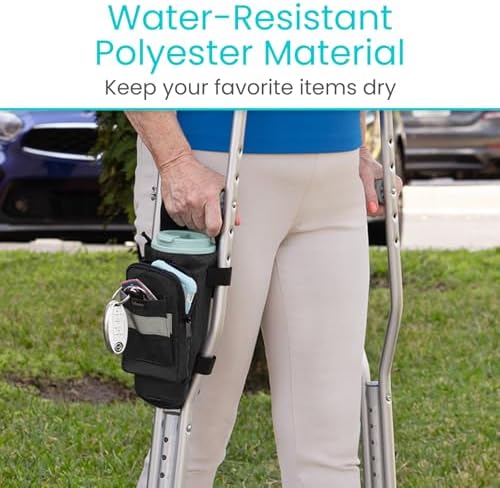 Vive Crutch Accessories Bag - Pouch for Crutches - Accessory Storage Carry Kit for Women, Men, Adults, Kids - Cup and Bottle Pocket Holder with Ergonomic Design (Black)