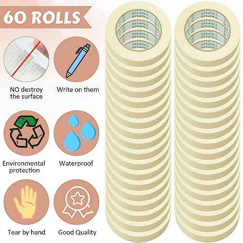 Fainne Masking Tape Bulk General Purpose Masking Painting Tape 55 Yards for Painting Home Office School Stationery Arts Crafts Basic Use, Easy Removal(60 Rolls,0.8 Inch)