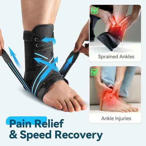 AGPTEK Ankle Brace for Women Men, Adjustable Lace-Up Ankle Support with Removable Splints for Sprained Ankle, Injury Recovery, Ankle Stabilizer Wrap for Basketball Volleyball Sports, Blue, M